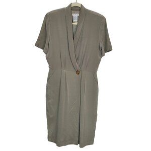Vintage Talbots 100% Silk Faux Wrap Dress Sz 10 Taupe Short Sleeves Career READ